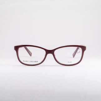 bordowe okulary damskie Marc Jacobs niskie prostokątne eleganckie klasyczne markowe oprawki w kolorze wina do owalnej okrągłej twarzy